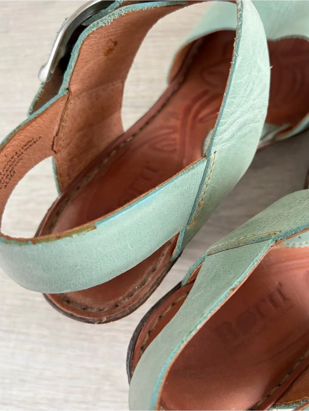 Born teal Wedge leather Sandals Basket weave heel women’s 8 Teal Blue Boho Beach